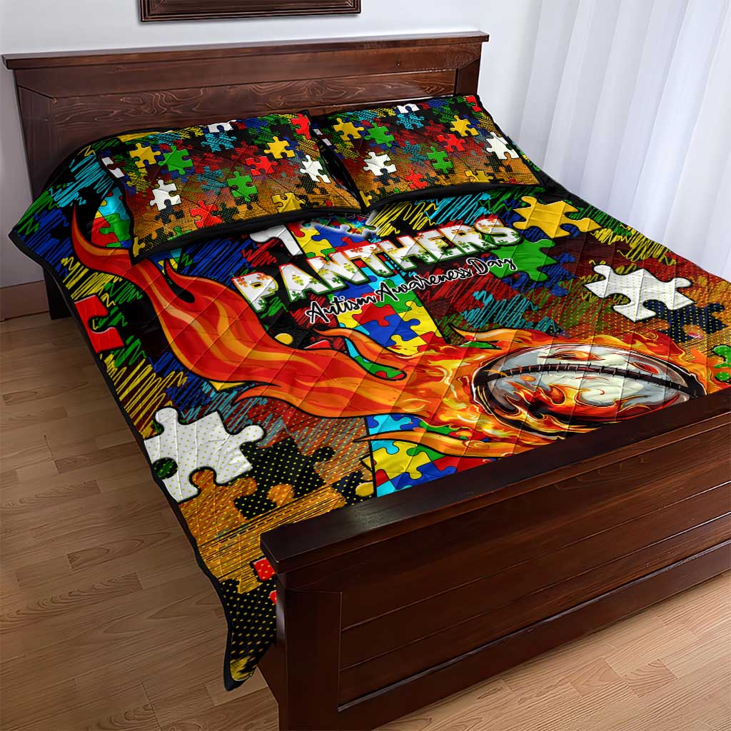 Panthers Autism Awareness Quilt Bed Set Puzzle Flames Rugby Ball