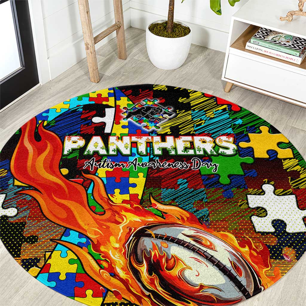 Panthers Autism Awareness Round Carpet Puzzle Flames Rugby Ball