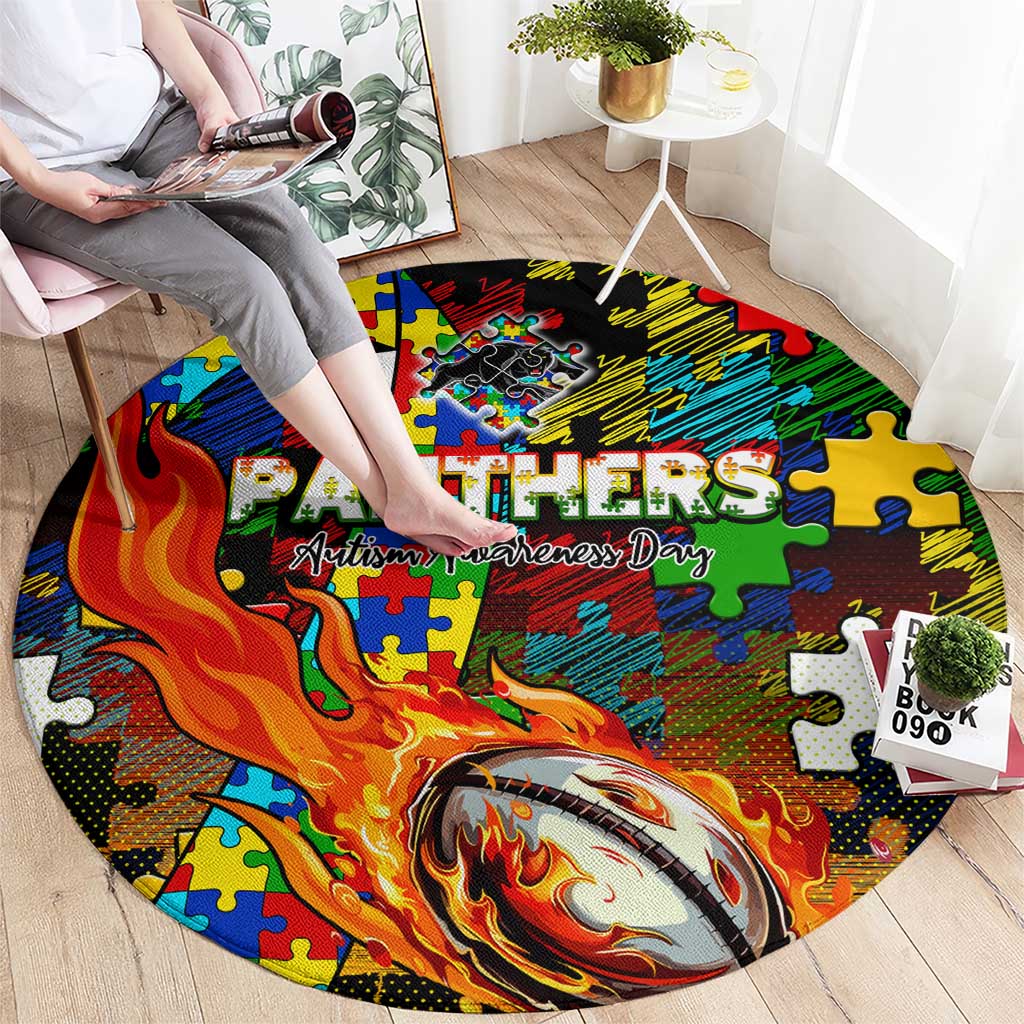 Panthers Autism Awareness Round Carpet Puzzle Flames Rugby Ball