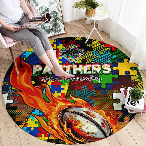 Panthers Autism Awareness Round Carpet Puzzle Flames Rugby Ball