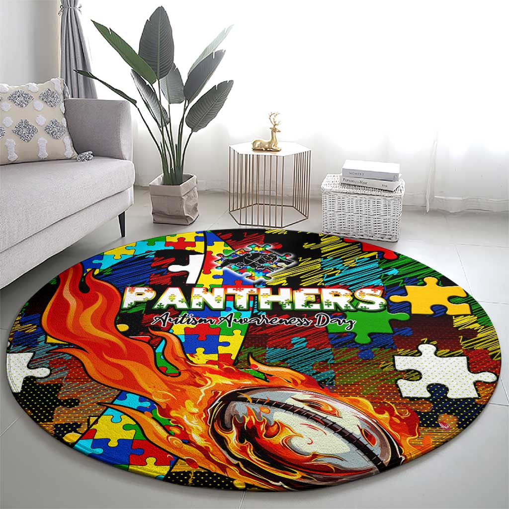 Panthers Autism Awareness Round Carpet Puzzle Flames Rugby Ball