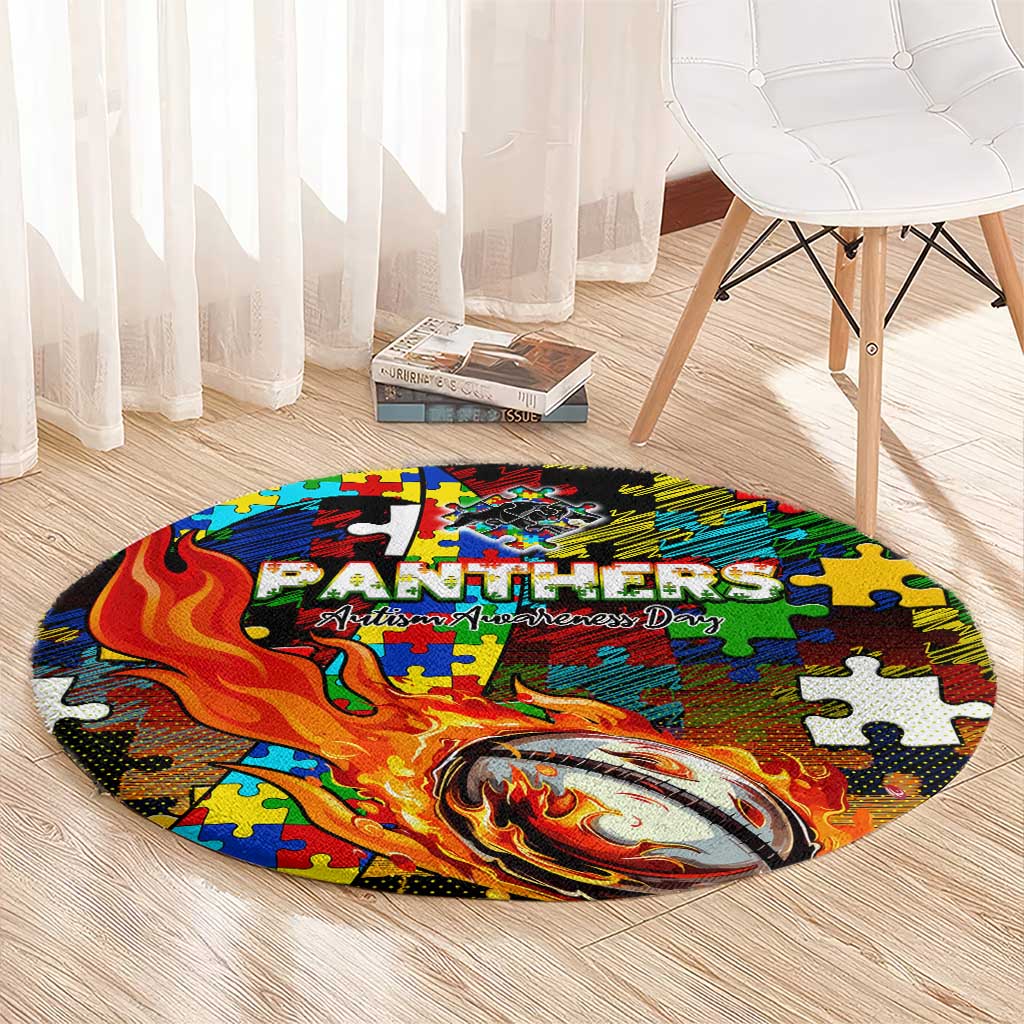 Panthers Autism Awareness Round Carpet Puzzle Flames Rugby Ball