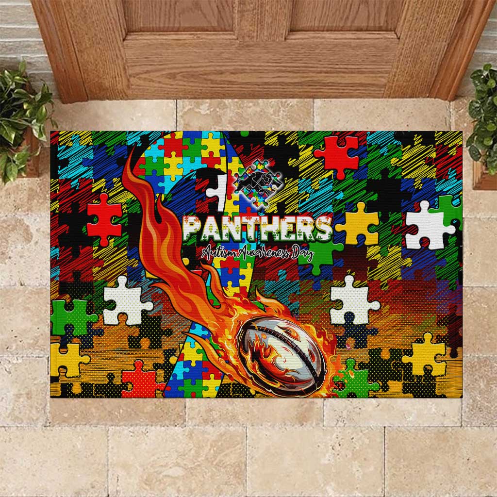 Panthers Autism Awareness Rubber Doormat Puzzle Flames Rugby Ball