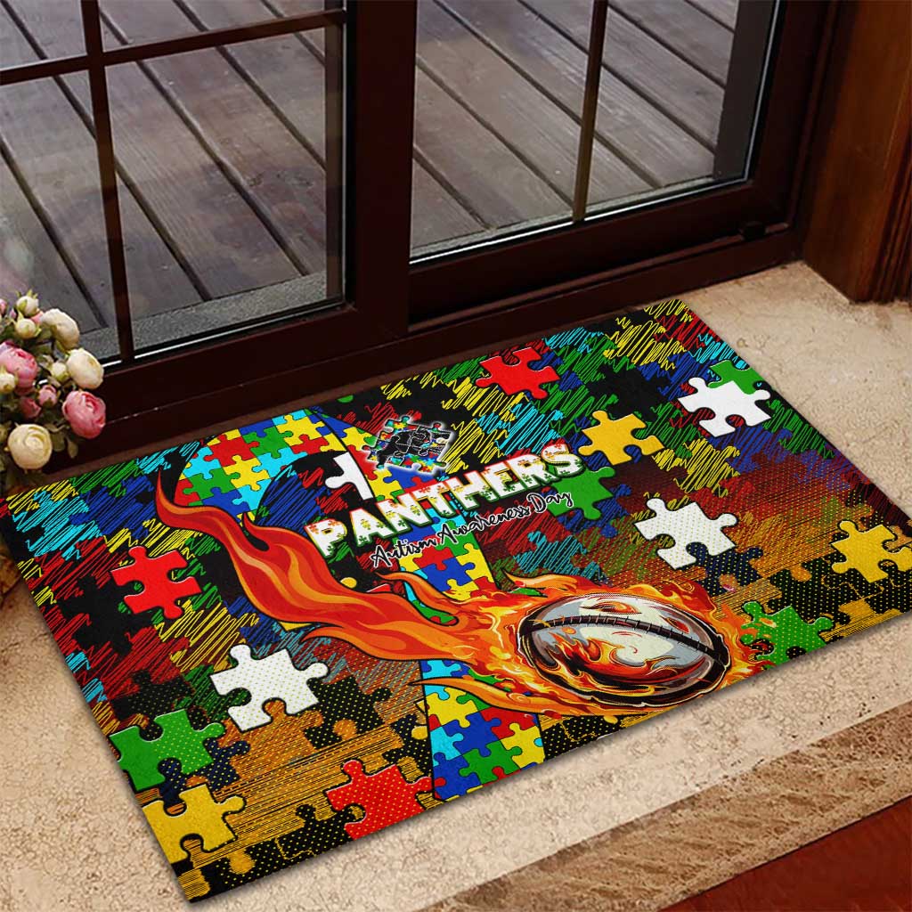 Panthers Autism Awareness Rubber Doormat Puzzle Flames Rugby Ball