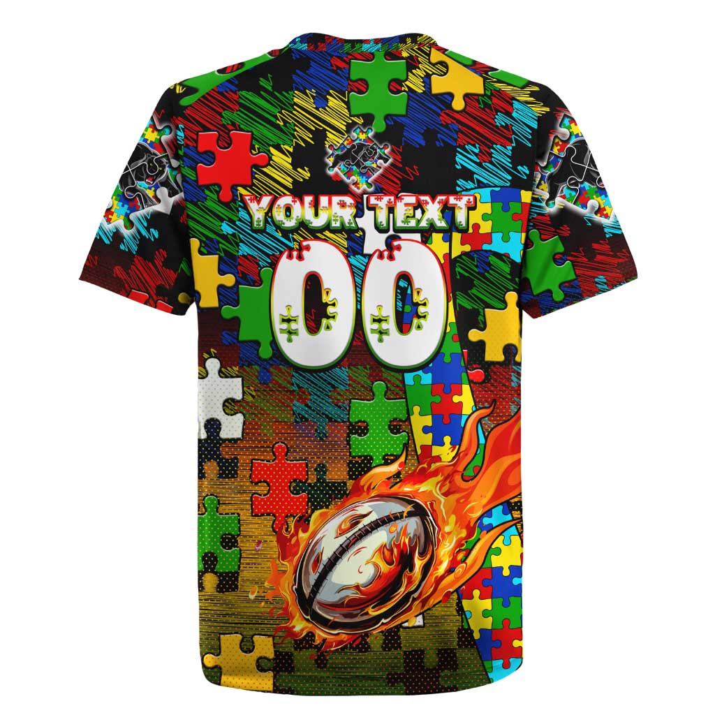 Panthers Autism Awareness Rugby Jersey Puzzle Flames Rugby Ball