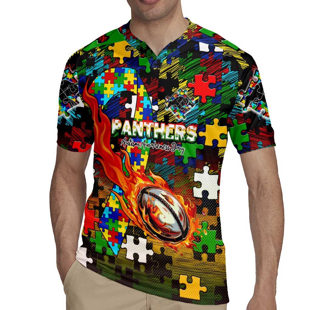 Panthers Autism Awareness Rugby Jersey Puzzle Flames Rugby Ball