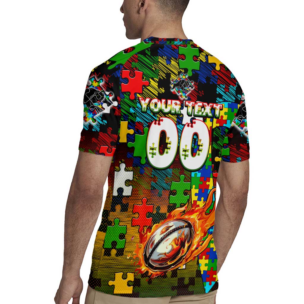 Panthers Autism Awareness Rugby Jersey Puzzle Flames Rugby Ball