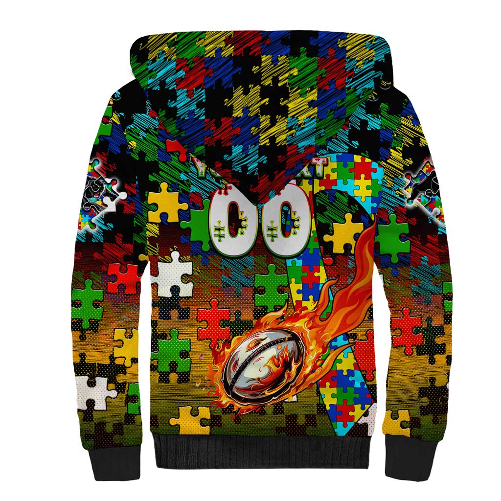 Panthers Autism Awareness Sherpa Hoodie Puzzle Flames Rugby Ball
