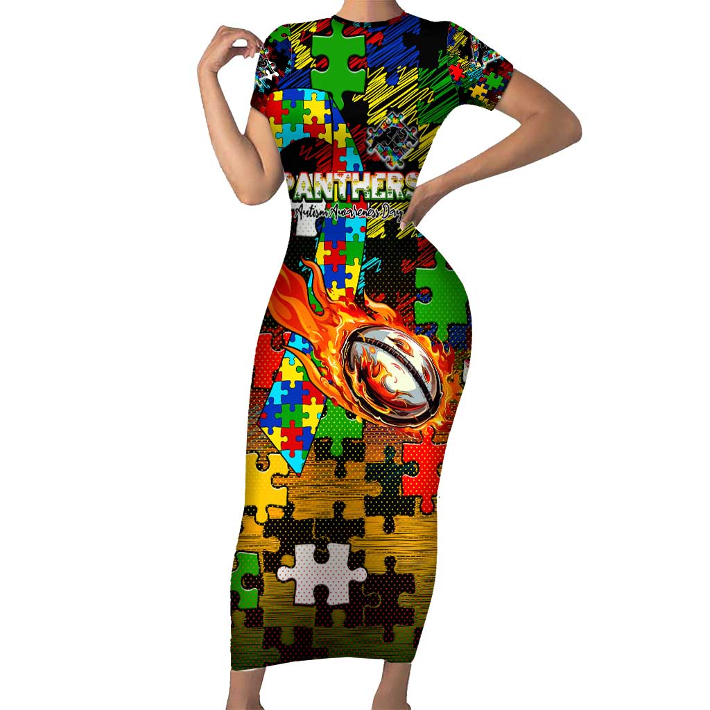 Panthers Autism Awareness Short Sleeve Bodycon Dress Puzzle Flames Rugby Ball