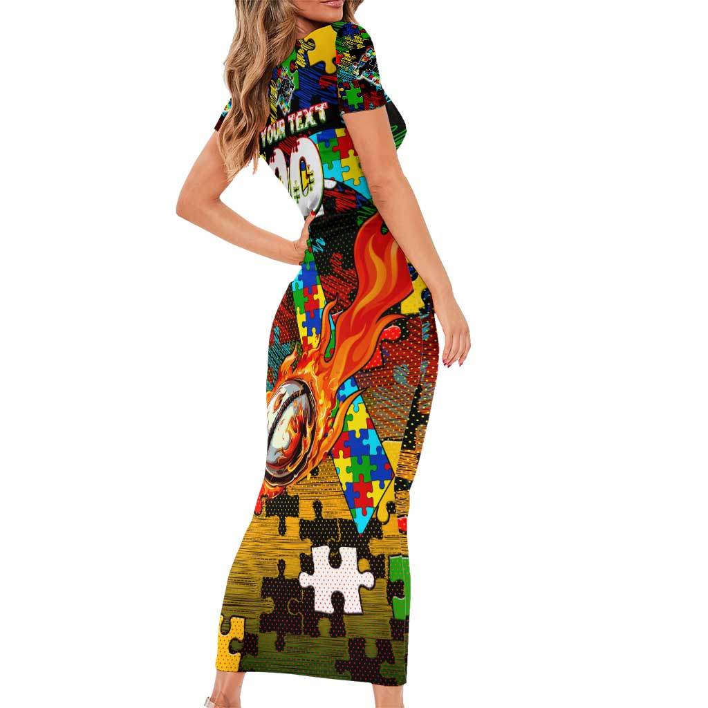 Panthers Autism Awareness Short Sleeve Bodycon Dress Puzzle Flames Rugby Ball
