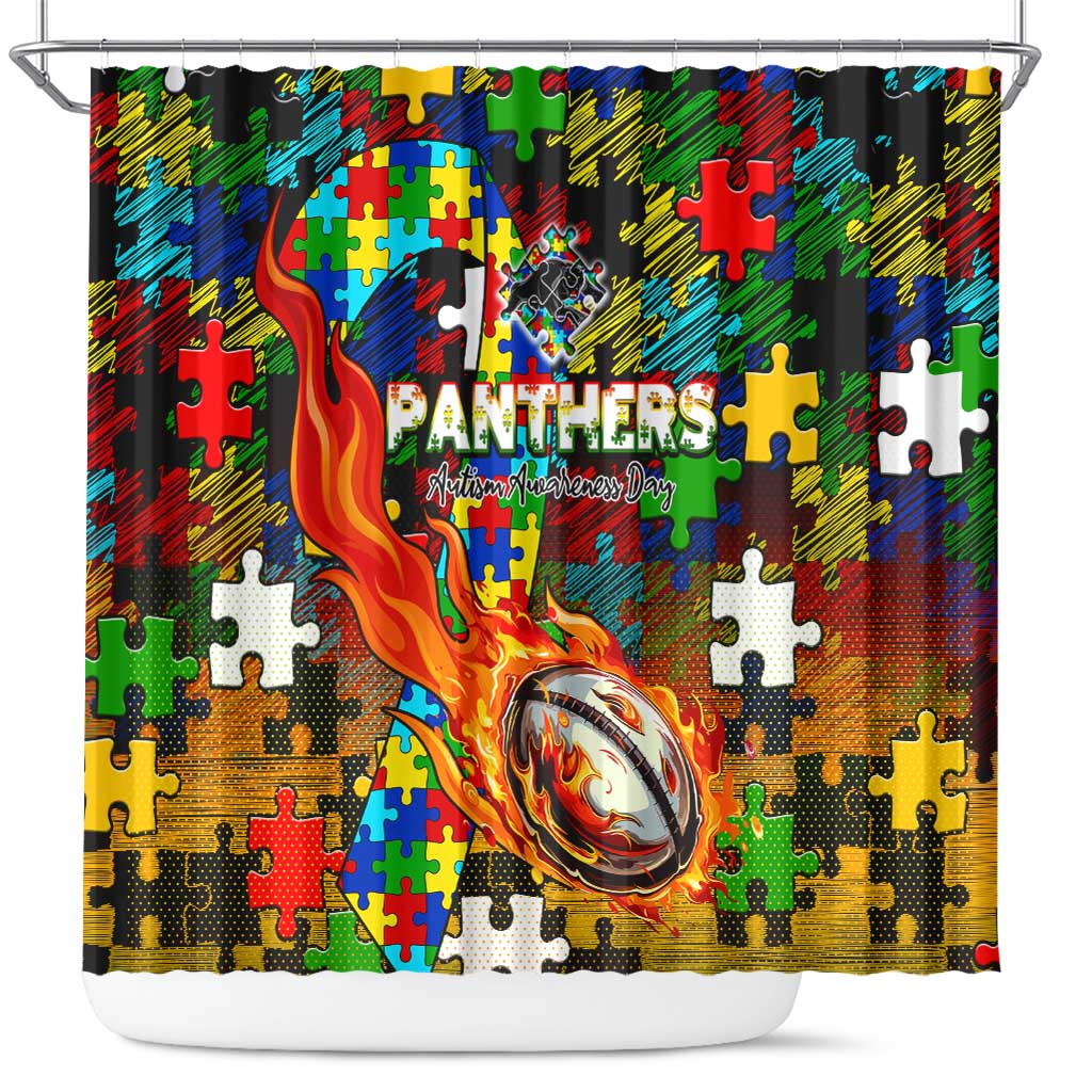 Panthers Autism Awareness Shower Curtain Puzzle Flames Rugby Ball