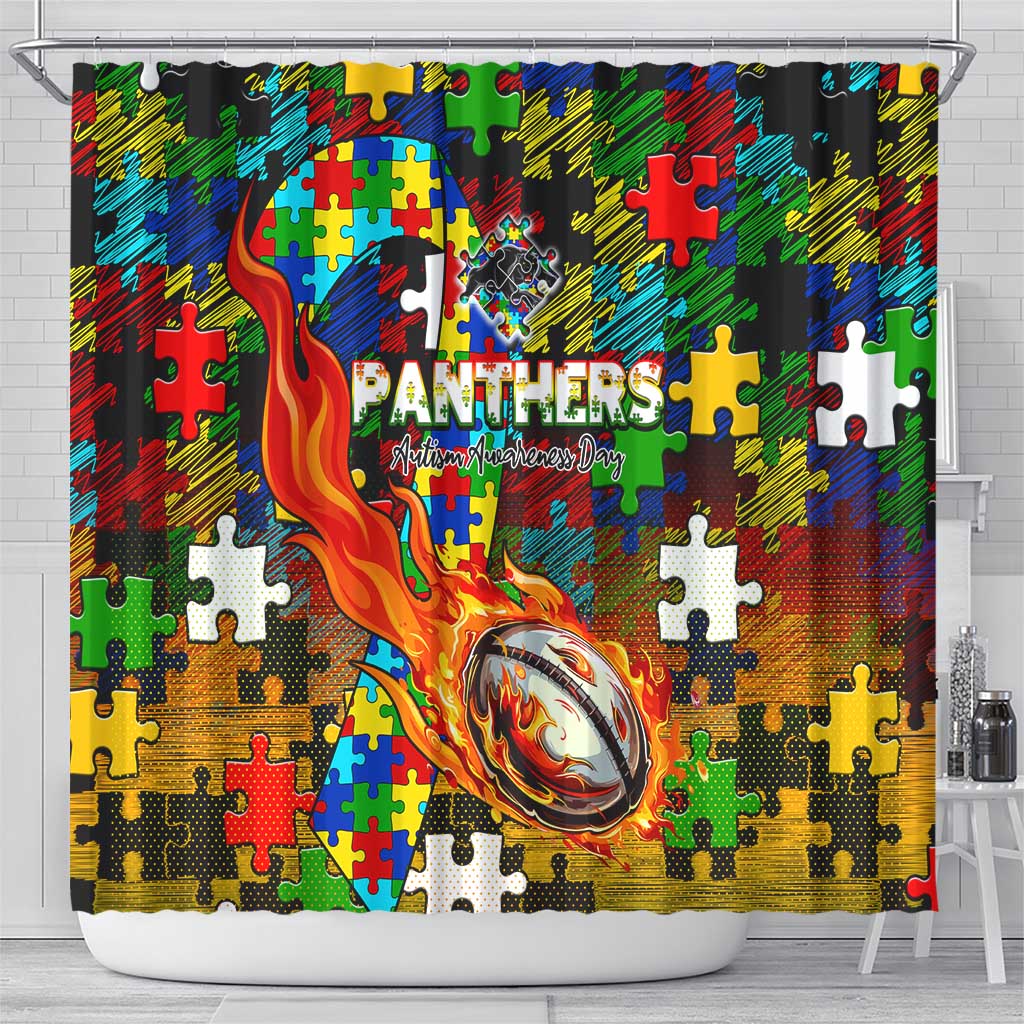 Panthers Autism Awareness Shower Curtain Puzzle Flames Rugby Ball