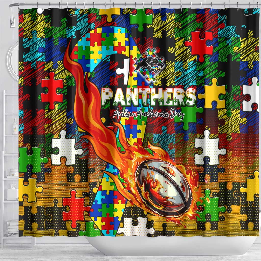 Panthers Autism Awareness Shower Curtain Puzzle Flames Rugby Ball