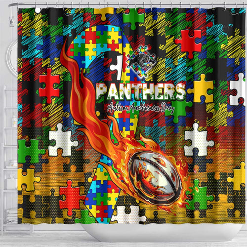 Panthers Autism Awareness Shower Curtain Puzzle Flames Rugby Ball