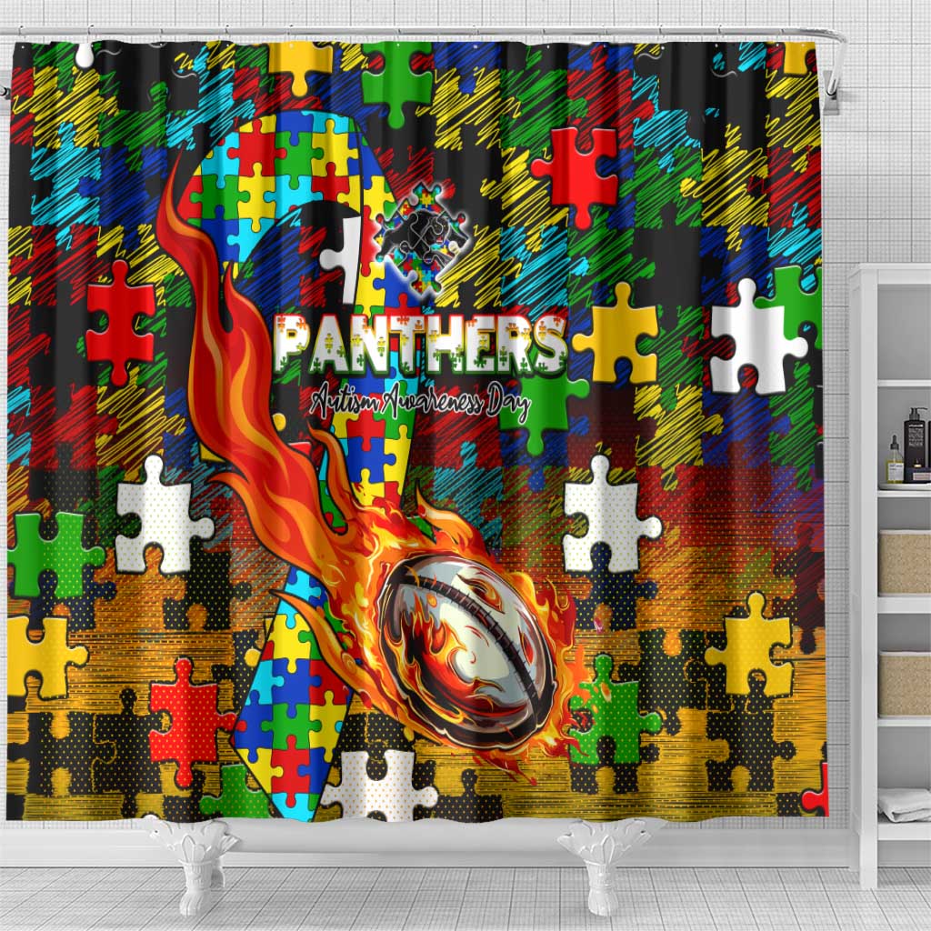 Panthers Autism Awareness Shower Curtain Puzzle Flames Rugby Ball