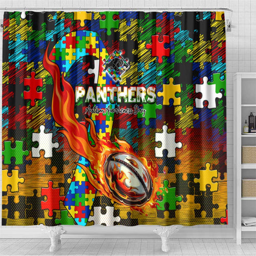 Panthers Autism Awareness Shower Curtain Puzzle Flames Rugby Ball