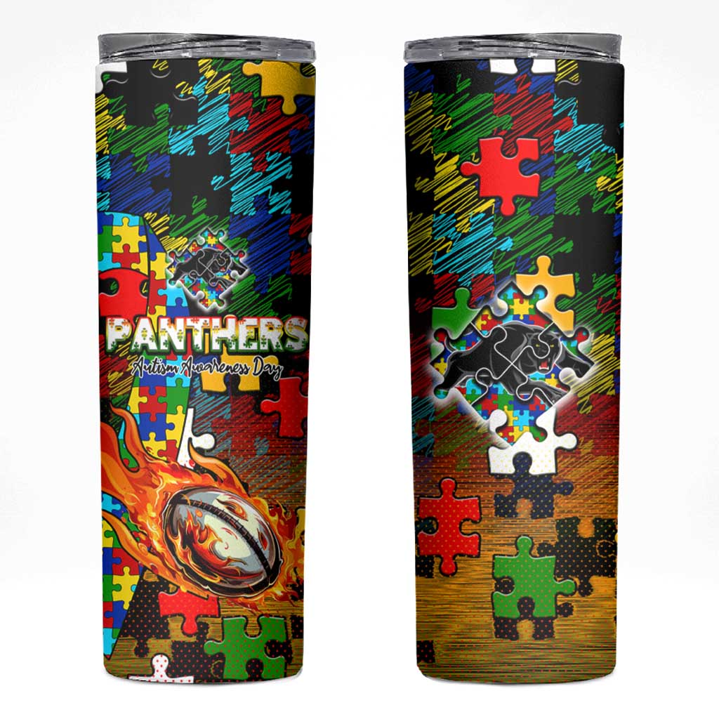 Panthers Autism Awareness Skinny Tumbler Puzzle Flames Rugby Ball