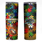 Panthers Autism Awareness Skinny Tumbler Puzzle Flames Rugby Ball