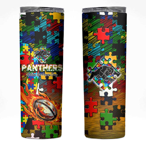 Panthers Autism Awareness Skinny Tumbler Puzzle Flames Rugby Ball
