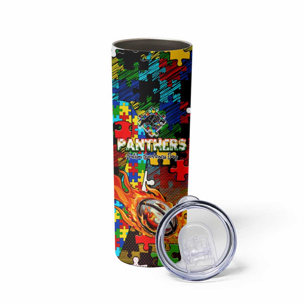 Panthers Autism Awareness Skinny Tumbler Puzzle Flames Rugby Ball