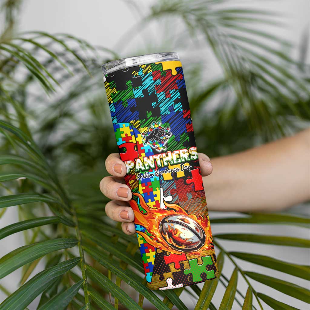 Panthers Autism Awareness Skinny Tumbler Puzzle Flames Rugby Ball