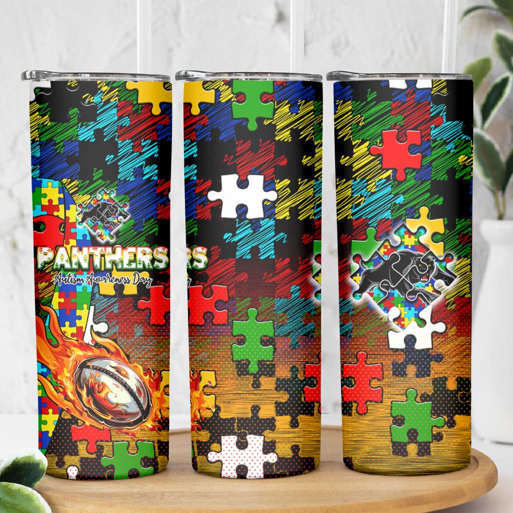 Panthers Autism Awareness Skinny Tumbler Puzzle Flames Rugby Ball