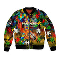 Panthers Autism Awareness Sleeve Zip Bomber Jacket Puzzle Flames Rugby Ball