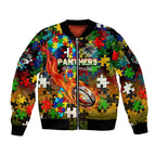 Panthers Autism Awareness Sleeve Zip Bomber Jacket Puzzle Flames Rugby Ball