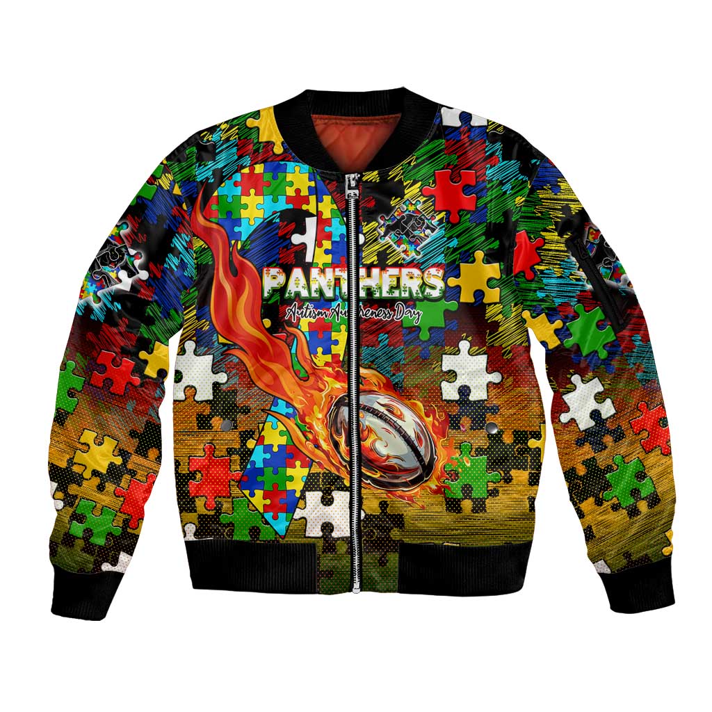 Panthers Autism Awareness Sleeve Zip Bomber Jacket Puzzle Flames Rugby Ball