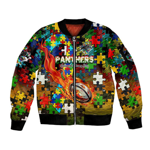 Panthers Autism Awareness Sleeve Zip Bomber Jacket Puzzle Flames Rugby Ball