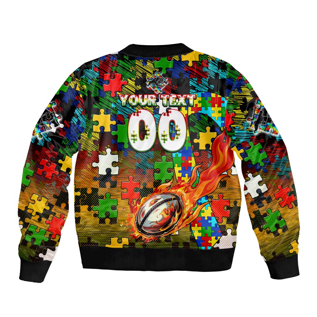 Panthers Autism Awareness Sleeve Zip Bomber Jacket Puzzle Flames Rugby Ball