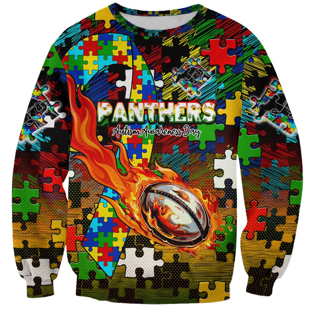 Panthers Autism Awareness Sweatshirt Puzzle Flames Rugby Ball