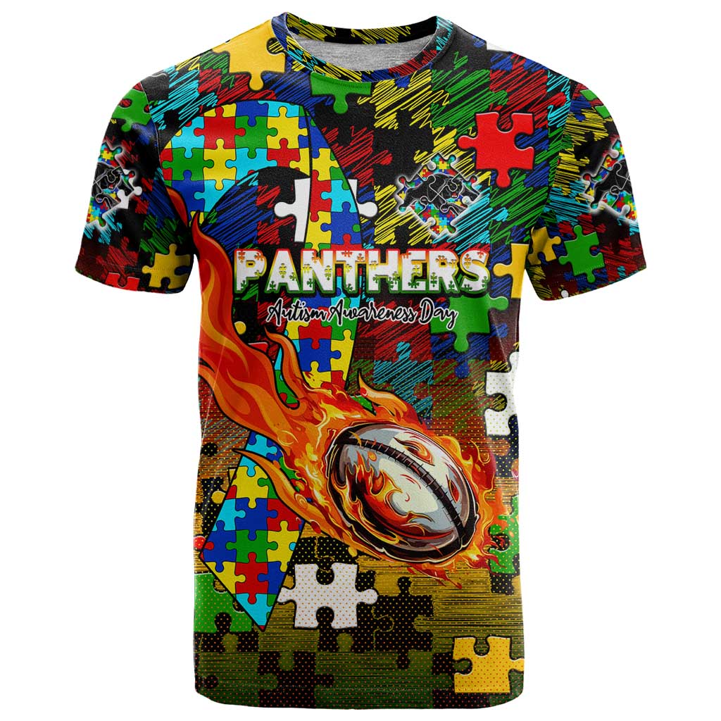 Panthers Autism Awareness T Shirt Puzzle Flames Rugby Ball