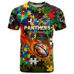 Panthers Autism Awareness T Shirt Puzzle Flames Rugby Ball