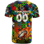 Panthers Autism Awareness T Shirt Puzzle Flames Rugby Ball