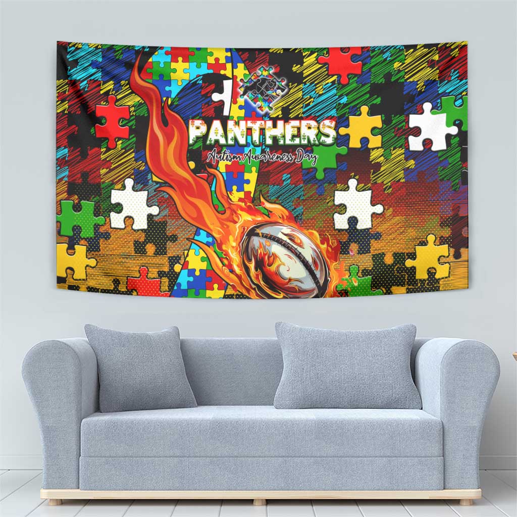 Panthers Autism Awareness Tapestry Puzzle Flames Rugby Ball