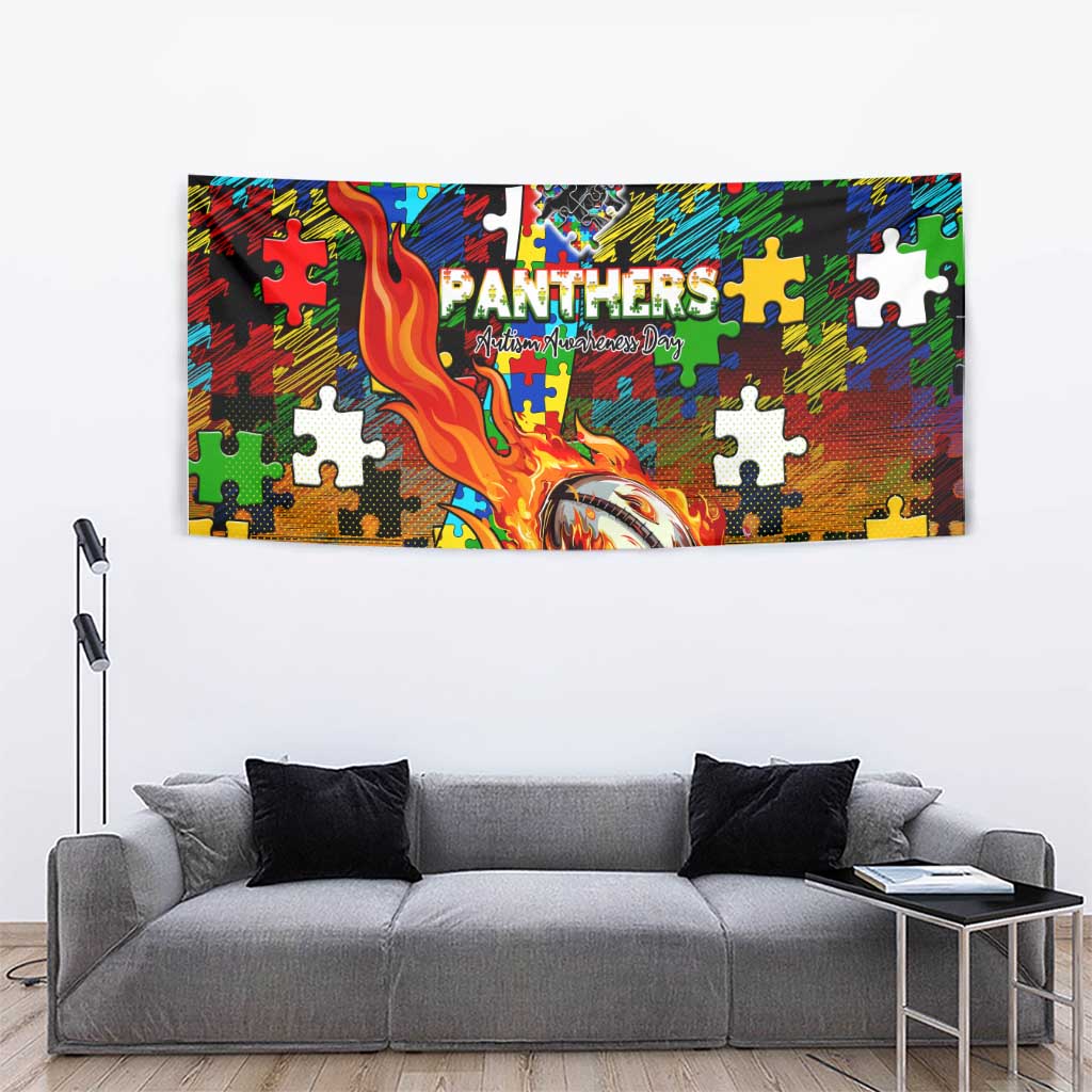 Panthers Autism Awareness Tapestry Puzzle Flames Rugby Ball
