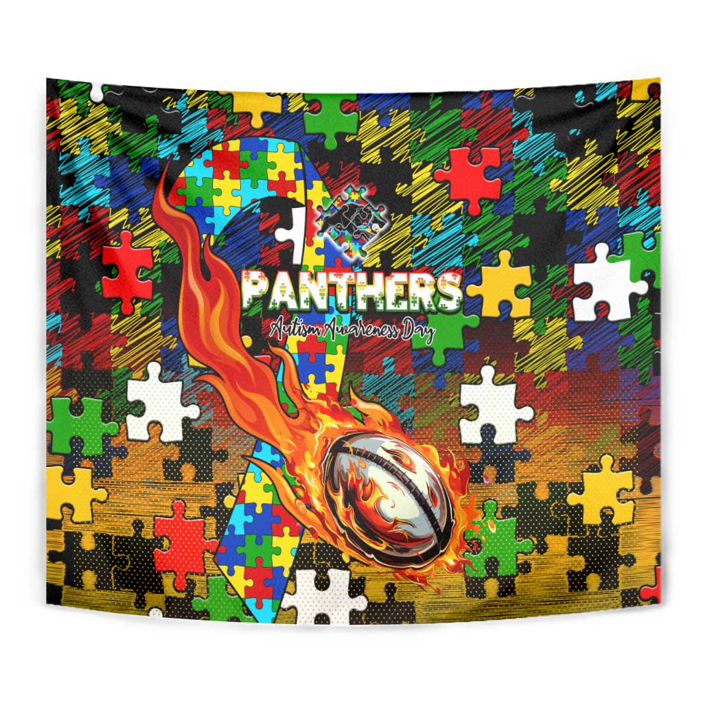 Panthers Autism Awareness Tapestry Puzzle Flames Rugby Ball