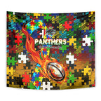 Panthers Autism Awareness Tapestry Puzzle Flames Rugby Ball