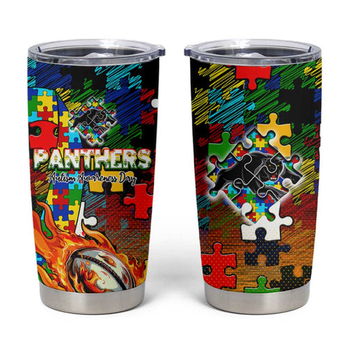 Panthers Autism Awareness Tumbler Cup Puzzle Flames Rugby Ball