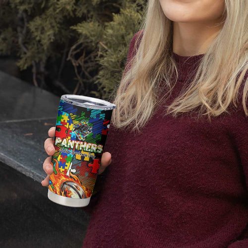 Panthers Autism Awareness Tumbler Cup Puzzle Flames Rugby Ball