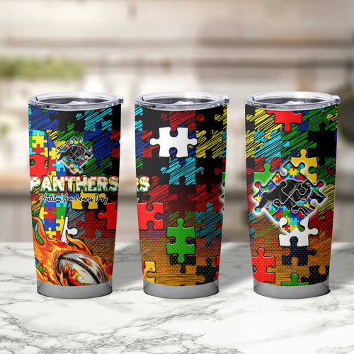 Panthers Autism Awareness Tumbler Cup Puzzle Flames Rugby Ball