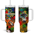 Panthers Autism Awareness Tumbler With Handle Puzzle Flames Rugby Ball