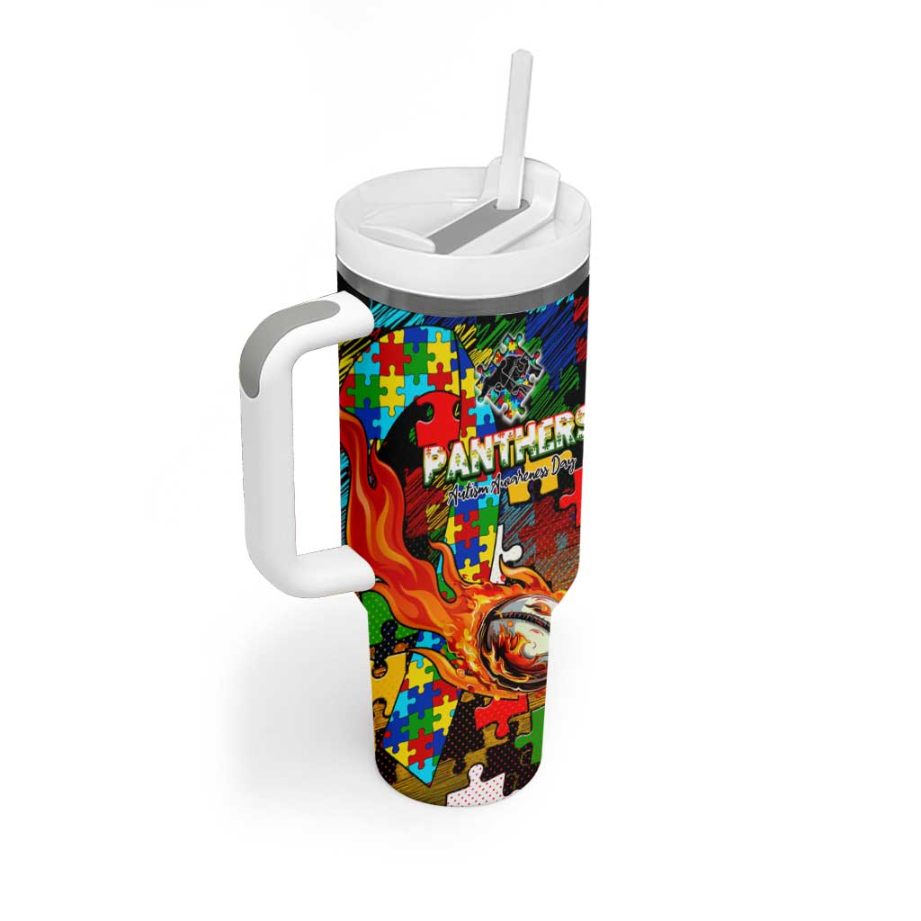 Panthers Autism Awareness Tumbler With Handle Puzzle Flames Rugby Ball