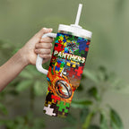 Panthers Autism Awareness Tumbler With Handle Puzzle Flames Rugby Ball