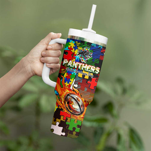 Panthers Autism Awareness Tumbler With Handle Puzzle Flames Rugby Ball