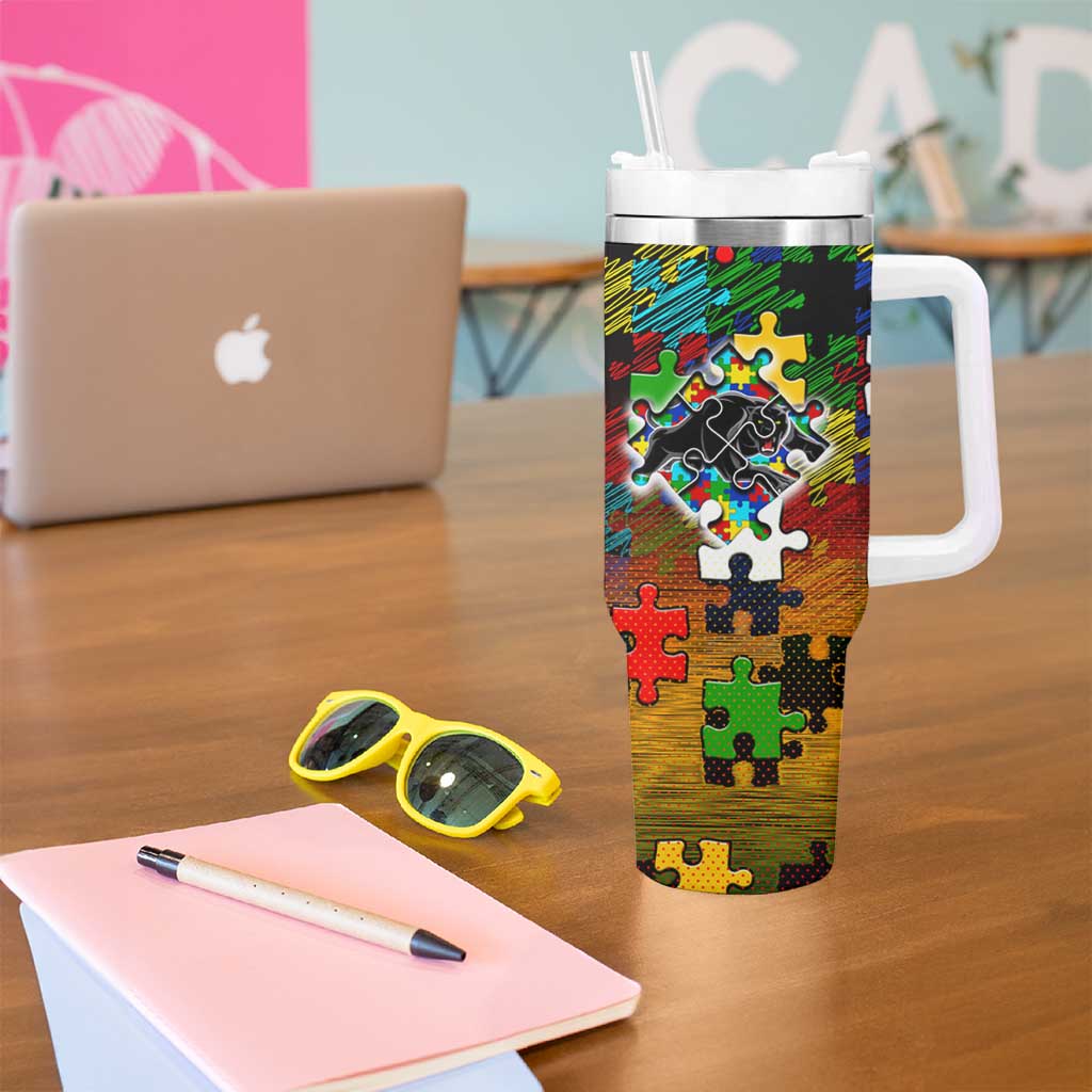 Panthers Autism Awareness Tumbler With Handle Puzzle Flames Rugby Ball
