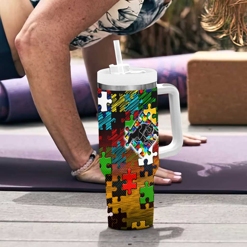 Panthers Autism Awareness Tumbler With Handle Puzzle Flames Rugby Ball
