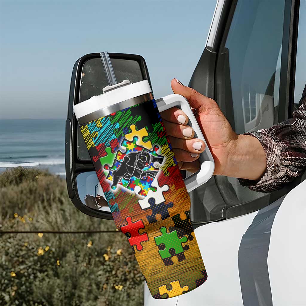 Panthers Autism Awareness Tumbler With Handle Puzzle Flames Rugby Ball