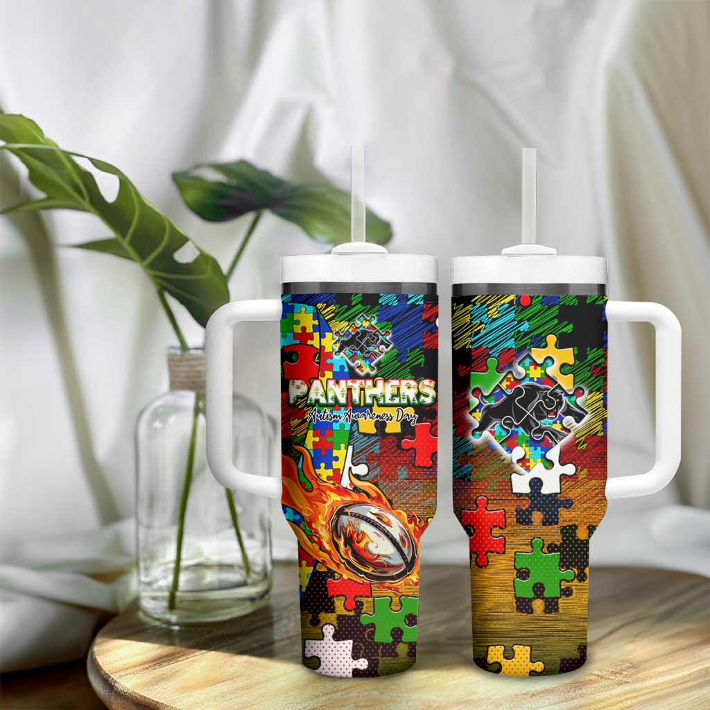 Panthers Autism Awareness Tumbler With Handle Puzzle Flames Rugby Ball
